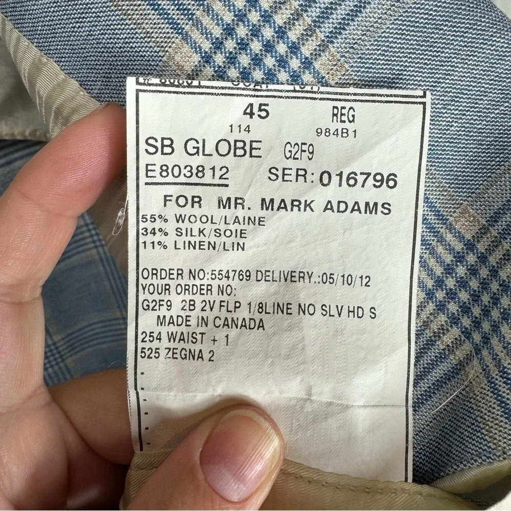 George Bass Ermenegildo Zegna Silk & Linen Blue Gray Plaid Blazer 45R‎